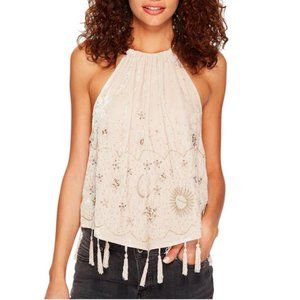 Free People Cream Embroidered Halter Tank Top with Tassels